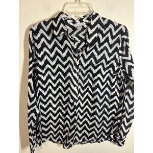 Dalia Collection Blouse Button Up Business Casual Chevron Stripe Black Large